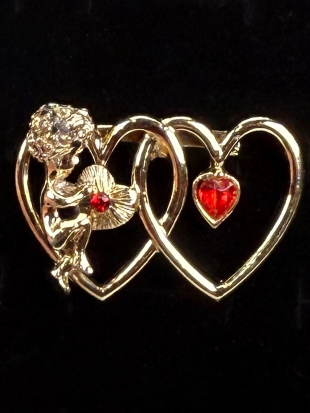 Goldtone Double Heart Brooch with Red Accent